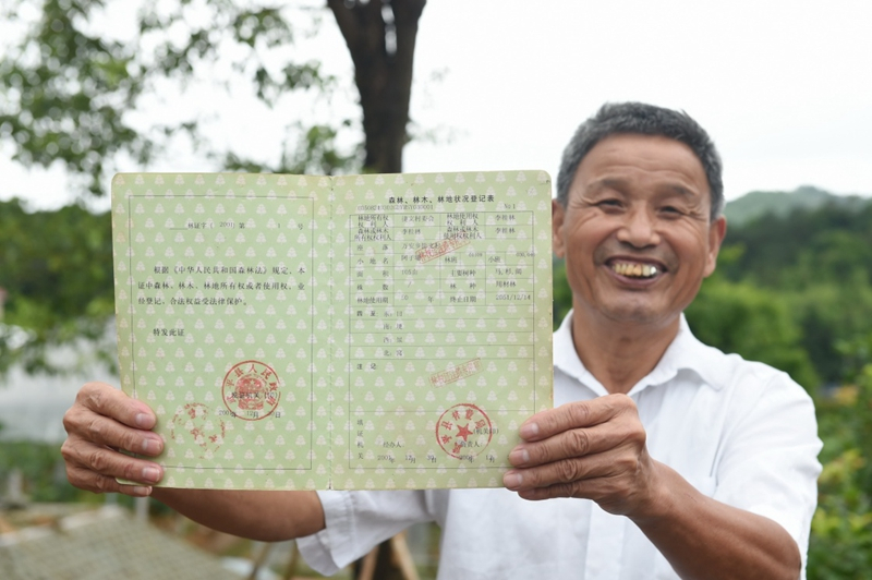 2017年6月13日，福建武平縣萬安鎮(zhèn)捷文村村民李桂林展示林權(quán)改革后領(lǐng)到的全國第一本新式林權(quán)證。