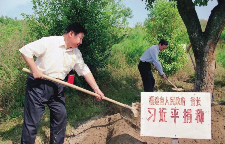 2001年10月，習(xí)近平在龍巖市長汀縣調(diào)研水土流失治理工作，在河田世紀生態(tài)園為樹培土。圖源：《習(xí)近平在福建（下）》
