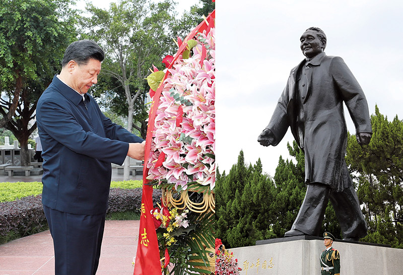 2020年10月14日，習(xí)近平總書記向深圳蓮花山公園鄧小平同志銅像敬獻(xiàn)花籃。
