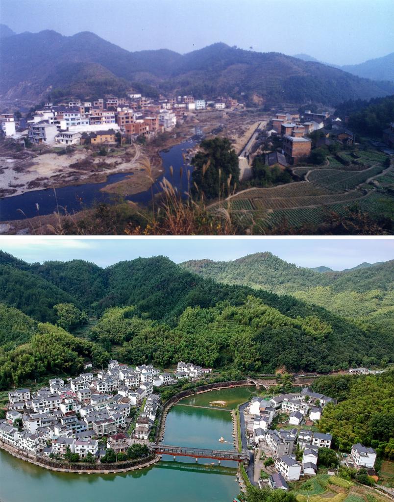 圖為浙江省杭州市淳安縣楓樹嶺鎮(zhèn)下姜村拼版圖，其中上圖為資料照片、下圖由新華社記者張鋮攝。